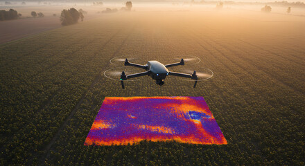 Drone Overviews Agricultural Field with Thermal Imaging for Irrigation Monitoring in Golden Light
