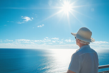 Fototapeta premium Sun protection for seniors – elderly man in hat admiring ocean under bright sun