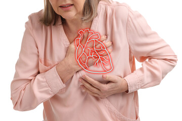 Senior woman suffering from heart attack on white background, closeup. Illustration of heart on...