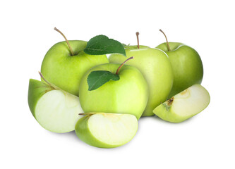 Fresh juicy green apples isolated on white. Whole and sliced