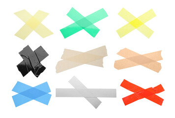 Pieces of different adhesive tapes isolated on white, set