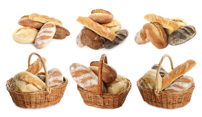 Different types of bread isolated on white, set
