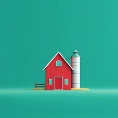 Small red barn-style house with silo