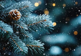 Pine Needles and Snowflakes Close-Up in Dreamy Winter Wonderland