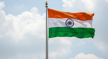 Indian national flag gracefully waving against a backdrop of cloudy sky