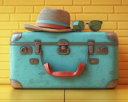 Vintage suitcase with travel accessories hat sunglasses toy airplane on yellow background modern minimalist style