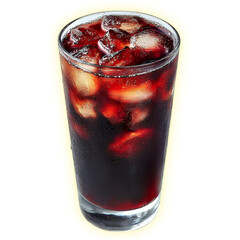 Refreshing dark soda with ice cubes in a clear glass.