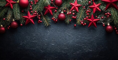 Christmas Scene with Red Stars and Green Pine Branches on Dark Background