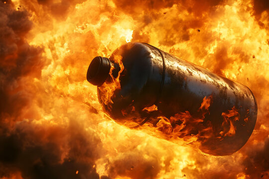 3D illustration, gas tank or bottle engulfed by explosive flames and fire