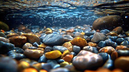 Underwater view of smooth, colorful river rocks with sunlight and small bubbles