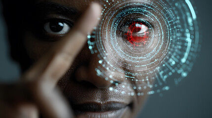 A person interfaces with futuristic technology, overlaid onto their eye, in a close-up shot.