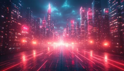 Obraz premium Glowing LED Cables and Fiber Optics in a Cyberpunk Cityscape
