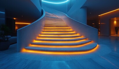 Modern Minimalist Stainless Steel Staircase with High Contrast Lighting and Symmetrical Design