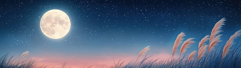 Full Moon Night Scene Watercolor Illustration Serenity Nature Landscape Japan
