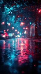 Fototapeta premium Wet street reflects city lights with blurry, vibrant bokeh in blue and red tones