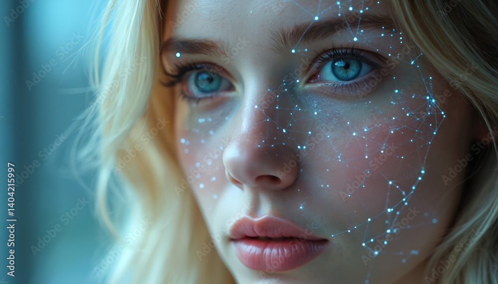 Poster close-up of woman with digital interface overlay on skin. futuristic tech concept, ai facial recogni