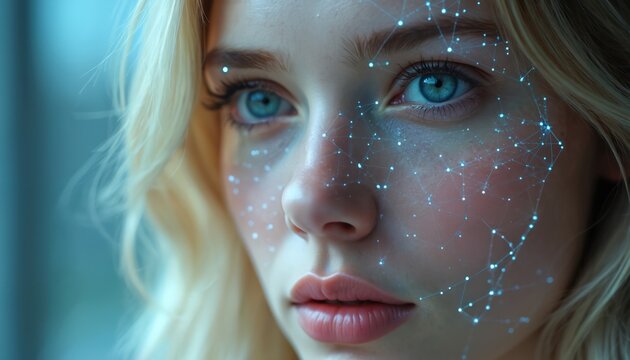 Close-up of woman with digital interface overlay on skin. Futuristic tech concept, AI facial recognition, identity verification. Biometric scan, modern innovation, data processing, cyber security,