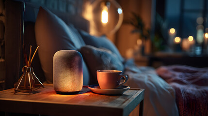 A smart speaker and coffee cup sit on a nightstand, creating a calm and inviting scene.