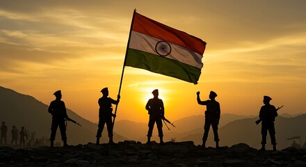 Silhouettes of Soldiers Proudly Holding the Indian Flag During Sunset