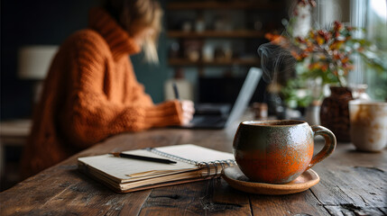 A warm, steaming coffee cup sits on a wooden table beside a notebook and a laptop.