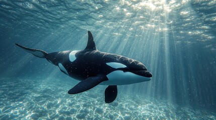 Obraz premium Orca in sunlight, majestic killer whale gliding through the blue ocean depths