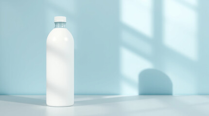 Isolated White Bottle Mockup with Pastel Blue Background and Window Shadow