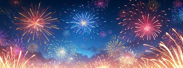 Fototapeta premium Colorful fireworks exploding in night sky. Festive celebration background for New Year's Eve, Independence Day, and Diwali. Greeting card design for holiday events.