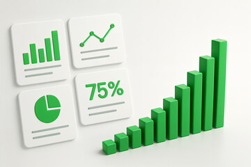Visualización 3D de barras de gráfico en verde en crecimiento y estadísticas en paneles blancos, fondo blanco, concepto de tecnología y crecimiento de indicadores empresariales