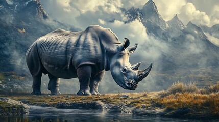 Fototapeta premium Powerful rhinoceros standing in the wild surrounded by lush greenery high resolution image