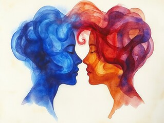 Empathy Telepathy Intertwined Profiles Communication Conceptual Art Watercolor
