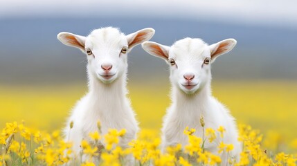 Obraz premium Two White Baby Goats in a Yellow Flower Field