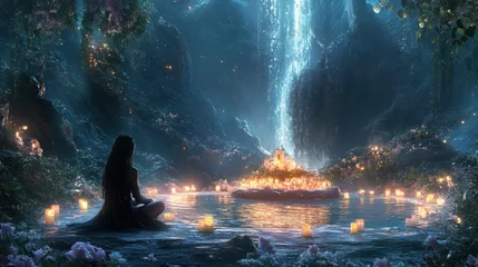 Handdoek met foto Meisjeskamer Solitude in a mystic sanctuary bathed in candle light with shimmering waterfall  © nakama