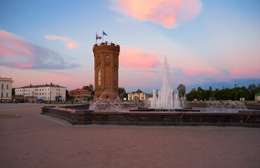 Water tower and fountain on the Red square. Tobolsk. Russia