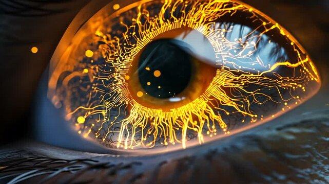 A glowing, detailed, and fiery close up of an eye with intricate, fractal-like designs and patterns