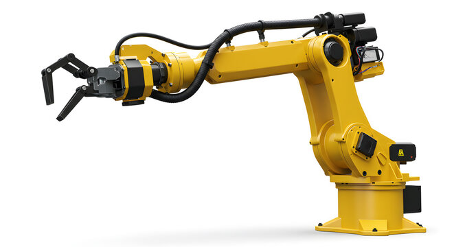 Yellow Robotic Arm Precision Technology Machine Isolated on White Background