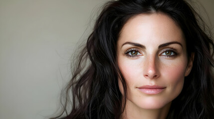 Naklejka premium Close Up Portrait Of Woman With Wavy Dark Hair And Freckles