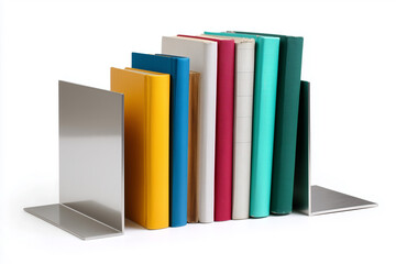 Colorful books lined up between sleek metal bookends on a white background in a minimalist setting