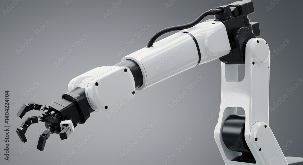 Poster robotic arm in white and black displayed against a gradient gray background representing advanced au