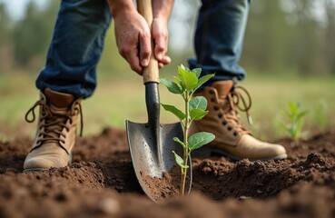 Fototapeta premium Man planting young tree in the ground. Using shovel, gardener hands dig earth, planting new green plant, care for the environment. Nature eco-friendly gardening, new life symbol.