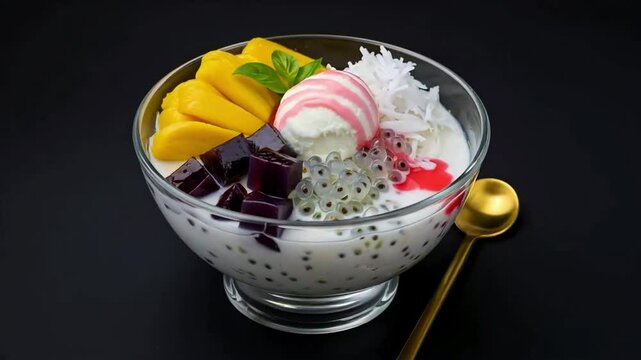 A close-up of a beautiful and colorful dessert bowl, showcasing a variety of textures and flavors.