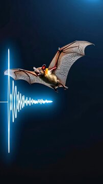 Nocturnal bat emitting echolocation signals while flying in the night sky, detailed wing structure visible, dark background with wave.