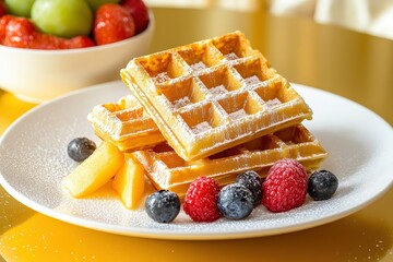 A stack of golden waffles topped with powdered sugar, fresh berries, and sliced peaches.