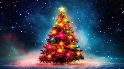 a solitary christmas tree adorned with shimmering lights stands against a backdrop of a starry night sky casting a serene and celebratory atmosphere under a blanket of soft snow