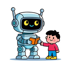 Illustration of      Cute chibi robot giving book to little kid