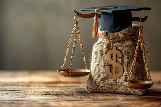 Money and Education Balance for Success in School with Graduation Cap, Cash, Diploma and Book
