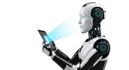 Elegant White Robot Holding Phone with Glowing Blue Display on White Background