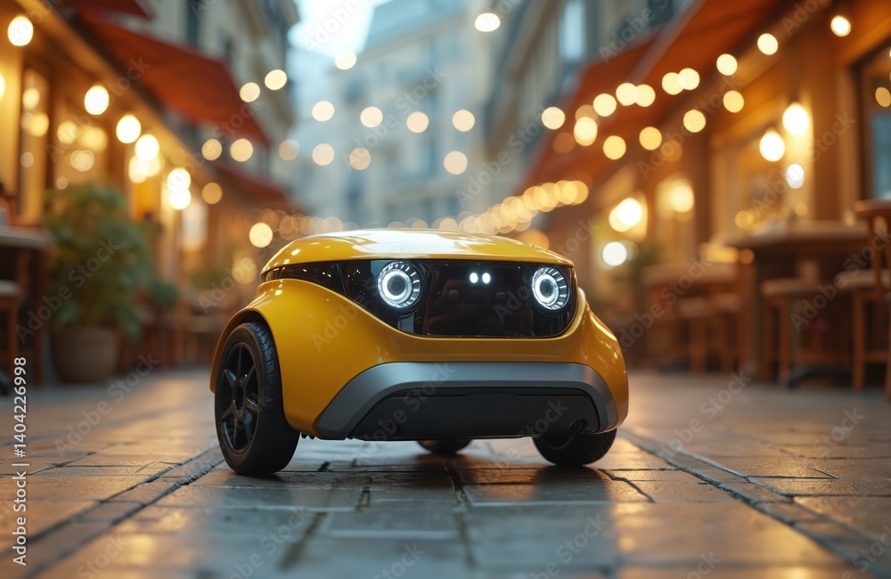 Poster Autonomous tech delivery robot navigates city street. Futuristic vehicle showcases innovation smart logistics. Package shipment using electric automobile. Urban transport future.