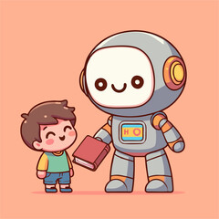 Illustration of      Cute chibi robot giving book to little kid