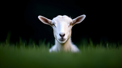 Obraz premium Portrait of a White Goat in Lush Green Grass