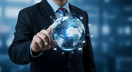 Businessman in Suit Touching Global Digital Network Globe with Futuristic Blue Background